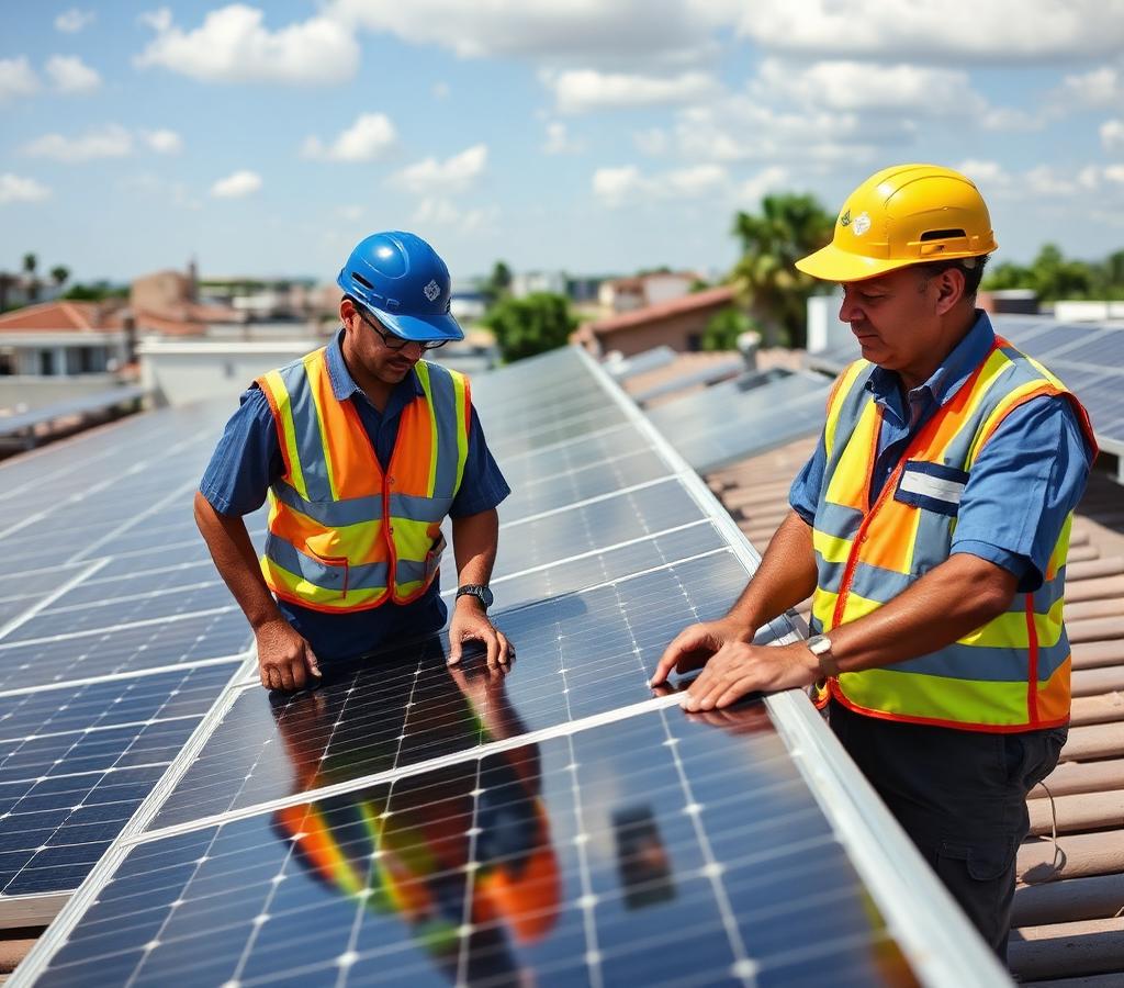 Técnicos brasileiros analisando painéis fotovoltaicos em um telhado