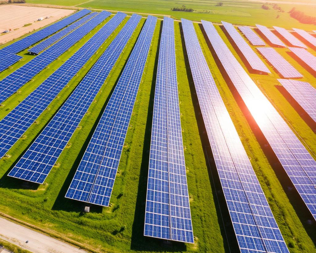 Vista aérea de uma usina solar com fileiras de painéis fotovoltaicos