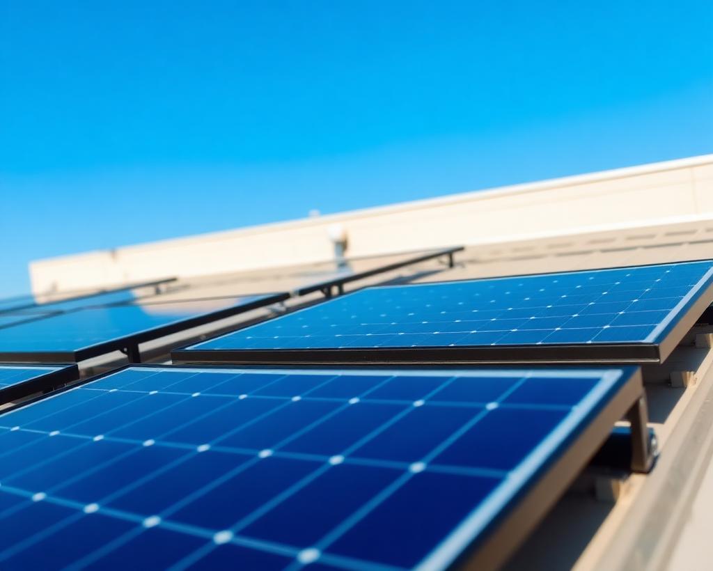 Painéis solares instalados no telhado de um edifício comercial